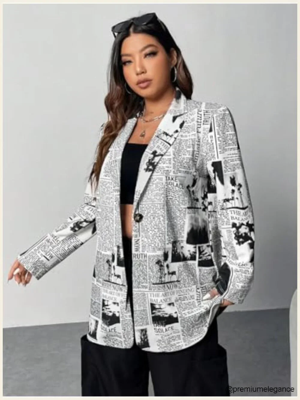 Newspaper Print Blazer Shawl Collar Long Sleeve Work Office Jacket with Stretch